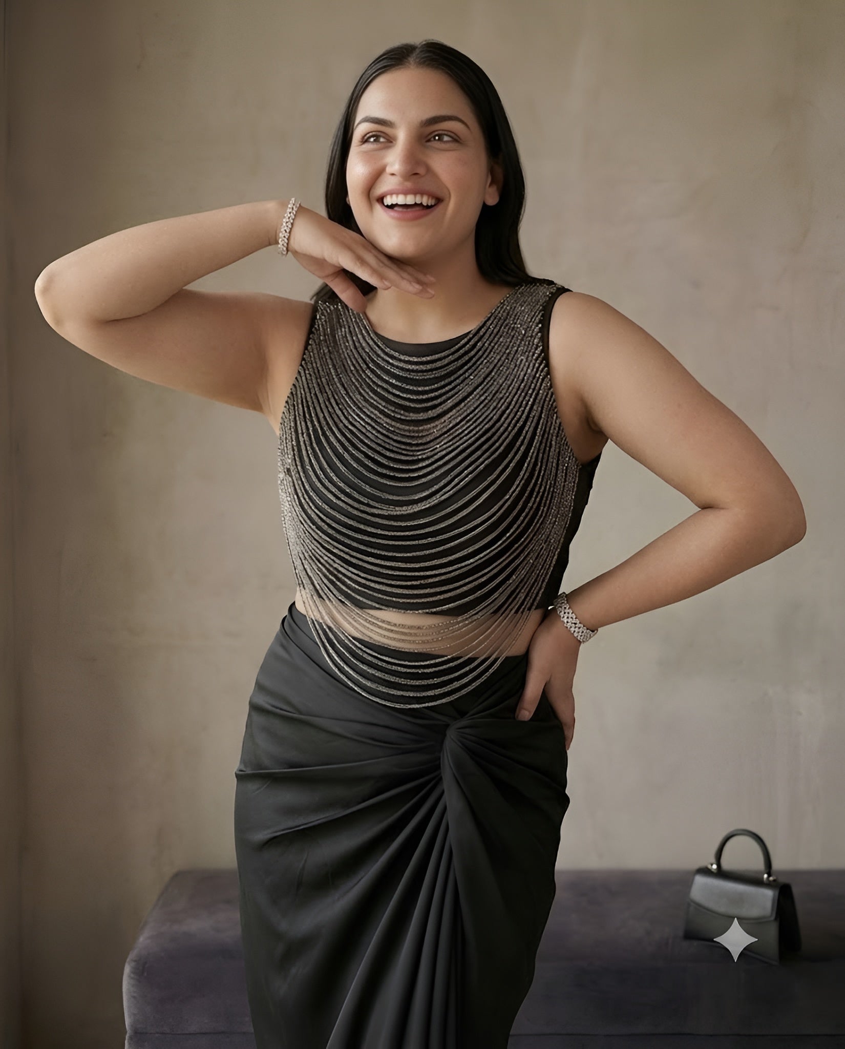Noir Cascade Beaded Top & Draped Skirt Set