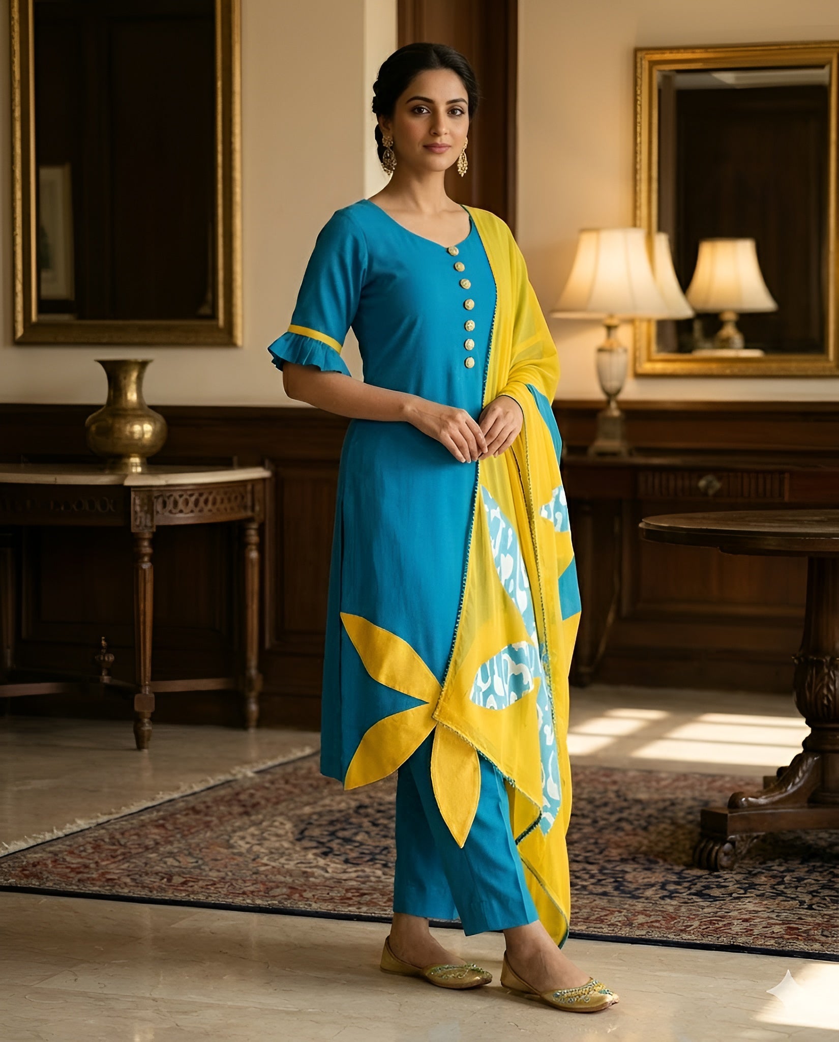 Turquoise Yellow Flower Suit