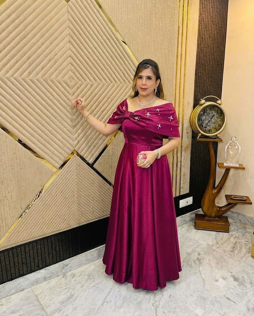 Pearl-Embellished Bow Satin Gown
