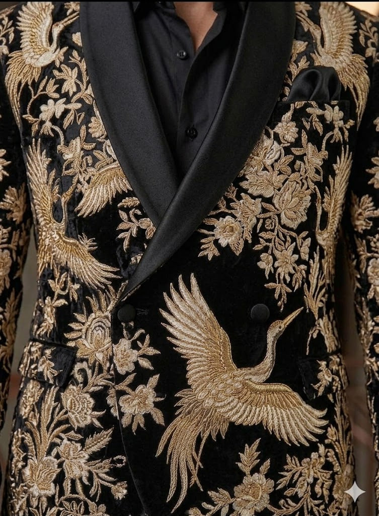 Black Gold Embroidered Shawl Lapel Suit