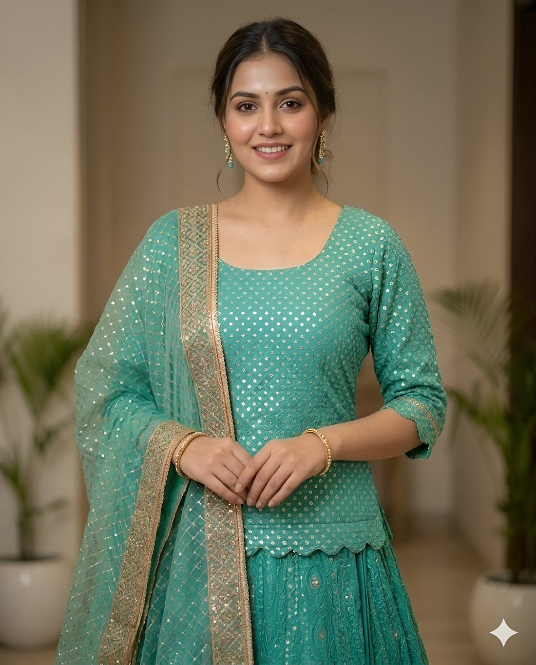 Woman in a teal traditional outfit with gold details in an indoor setting.