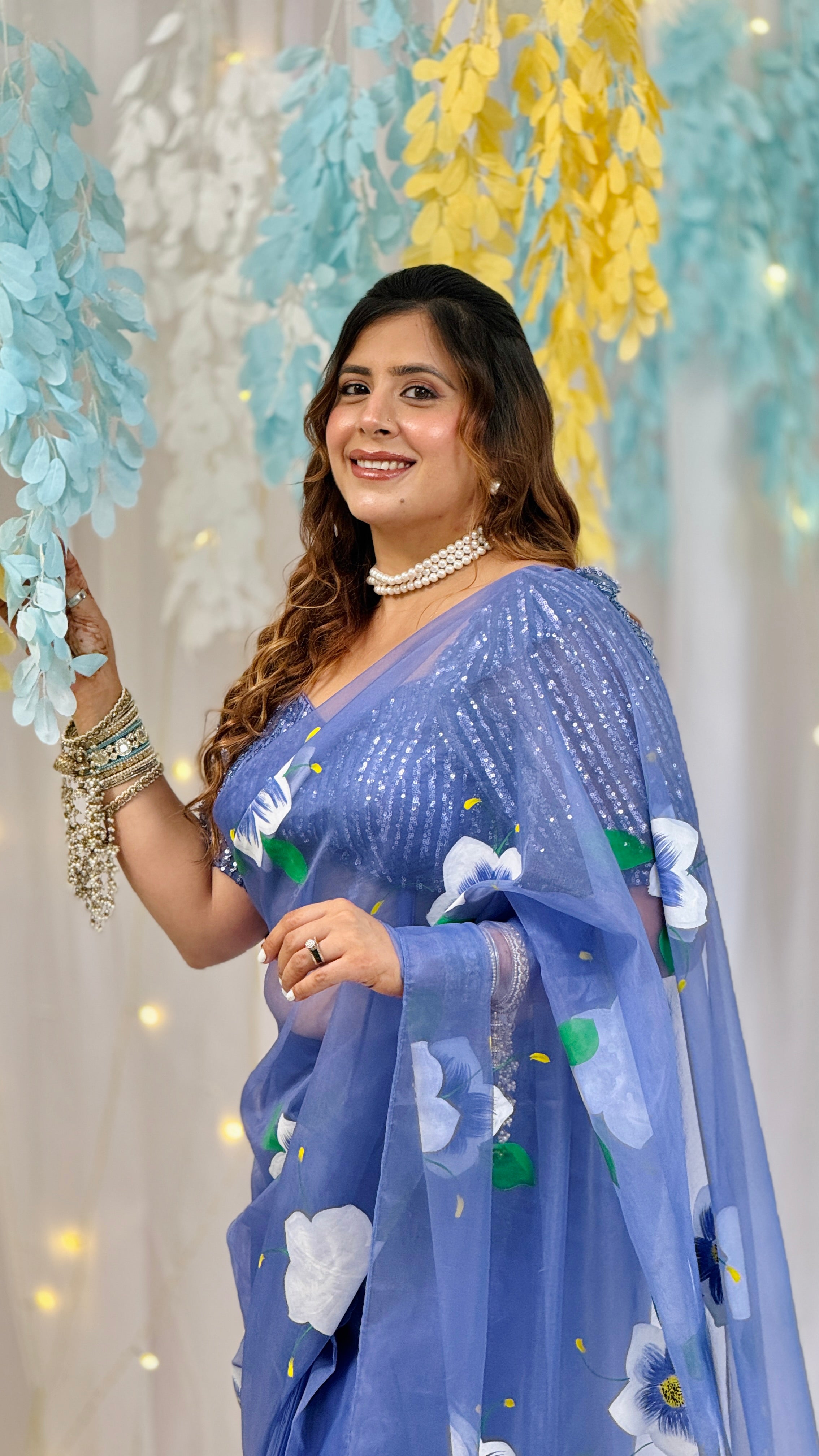 Blue Pea Handpainted Saree with Sequins Blouse