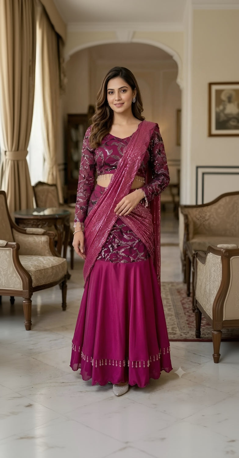 A woman modeling a traditional Indian outfit consisting of a magenta pink flared skirt (lehenga), a matching embroidered top, and a draped dupatta with silver mirror work, set against an elegant indoor background with classical architecture.