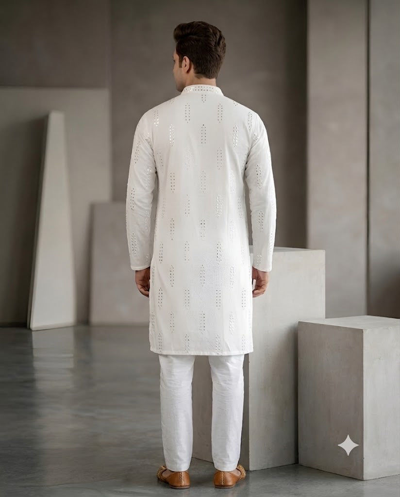 White Mirror Work Cotton Silk Kurta with Pants