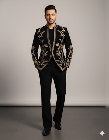 Black Hand  Embroidered Bandhgala Suit