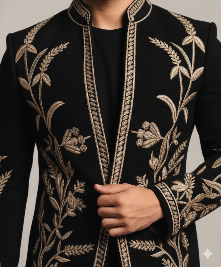 Black Hand  Embroidered Bandhgala Suit