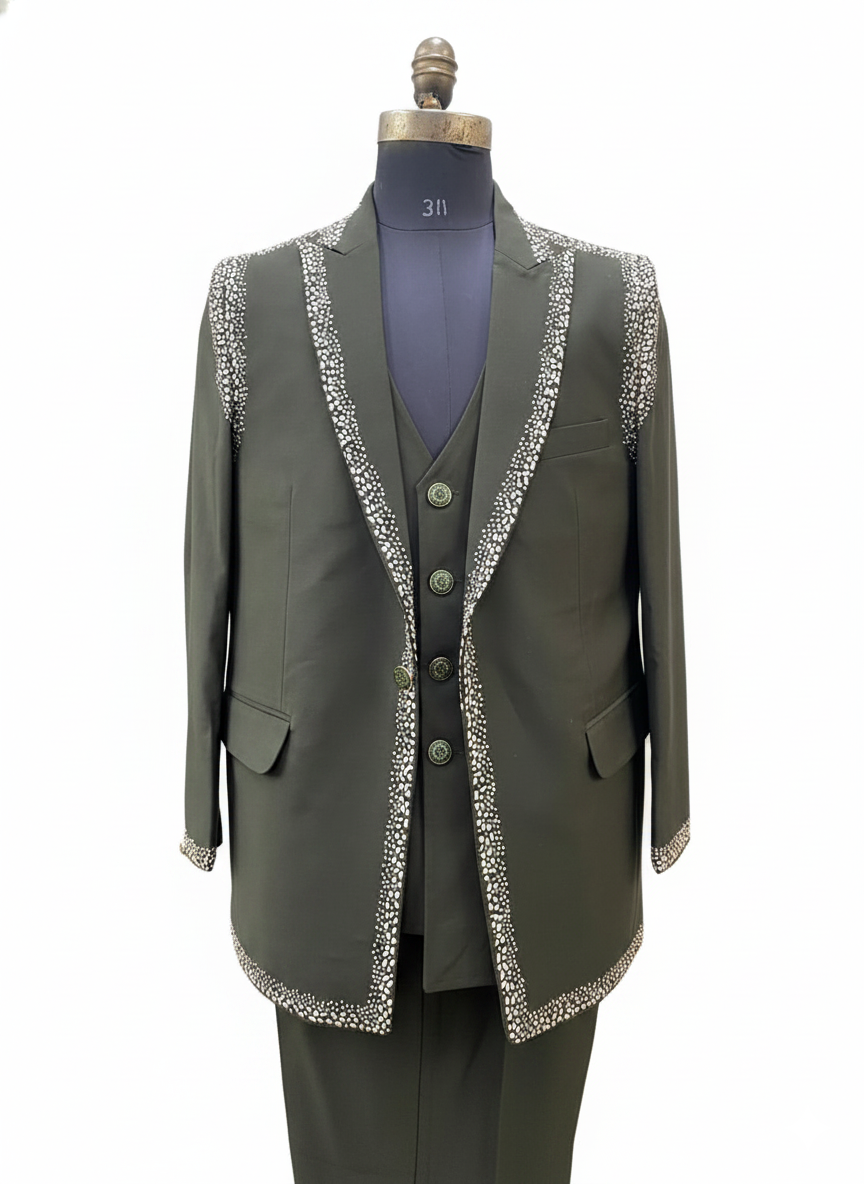 Olive Embellished Shawl Lapel Suit Set