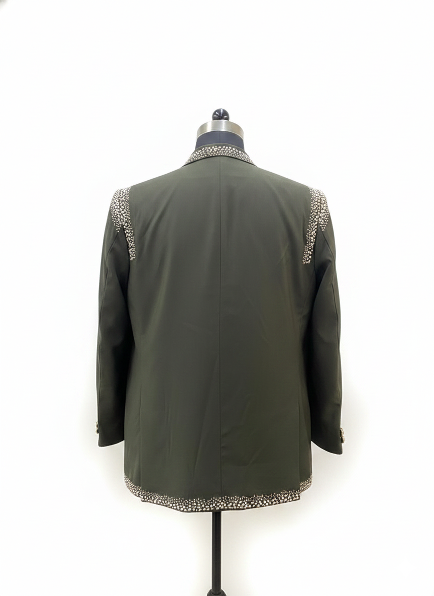 Olive Embellished Shawl Lapel Suit Set