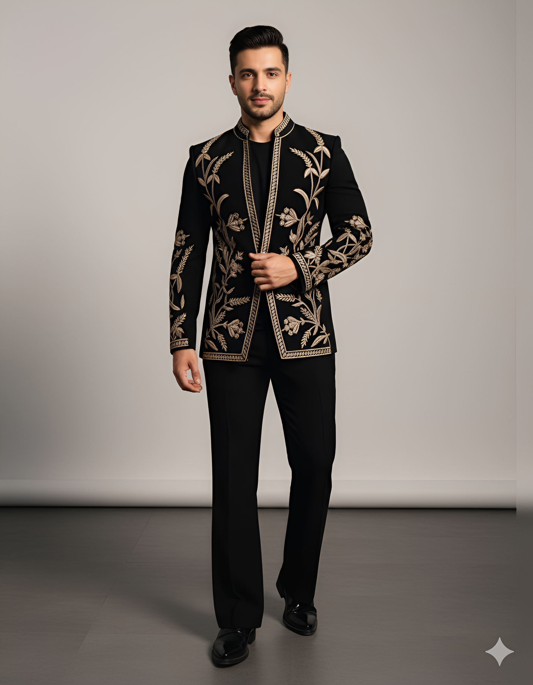 Black Hand  Embroidered Bandhgala Suit