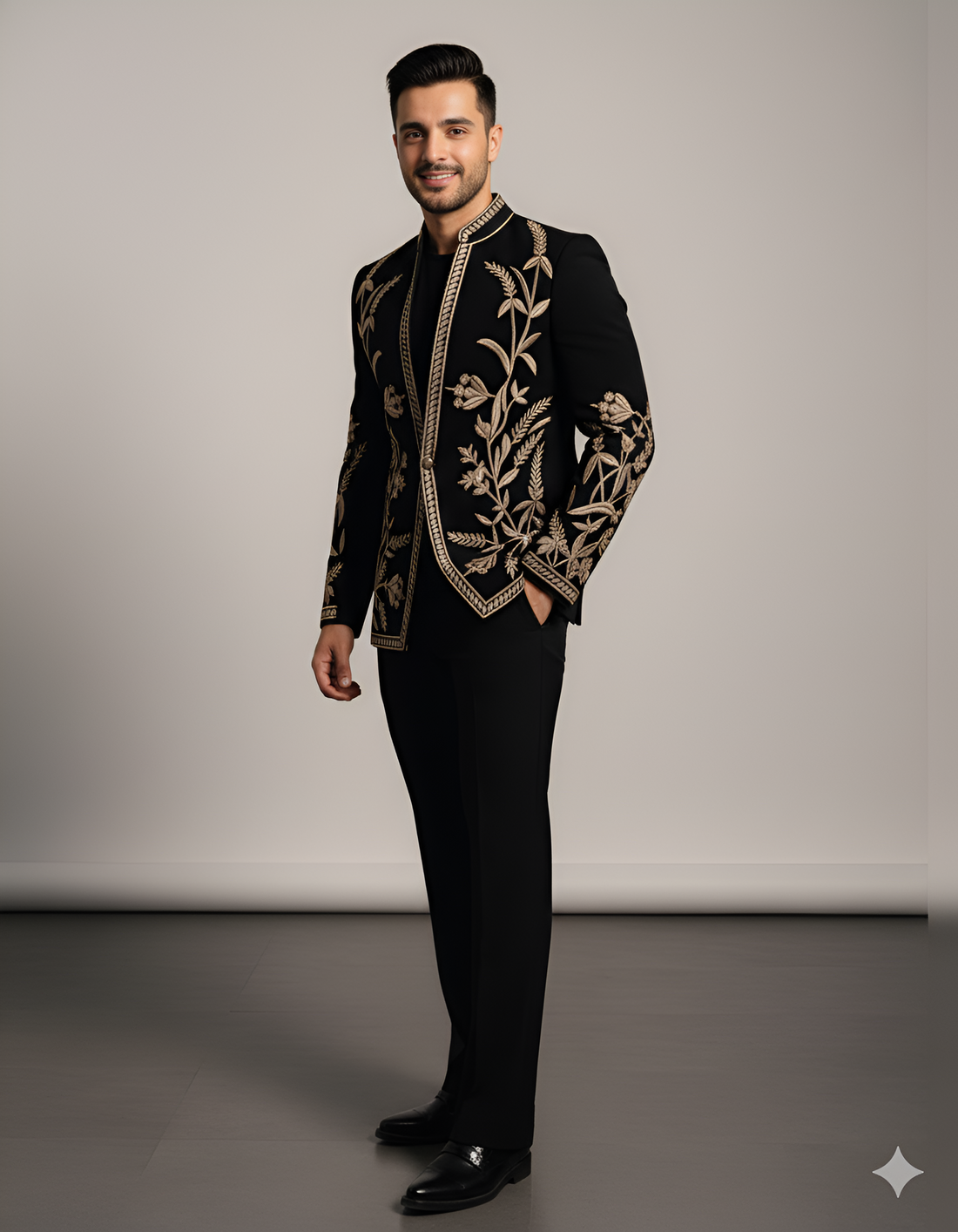 Black Hand  Embroidered Bandhgala Suit