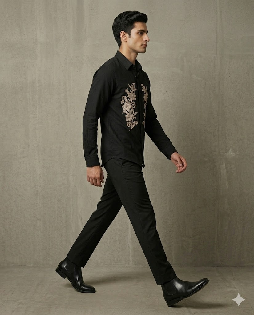 Black Floral Emb Cotton Shirt