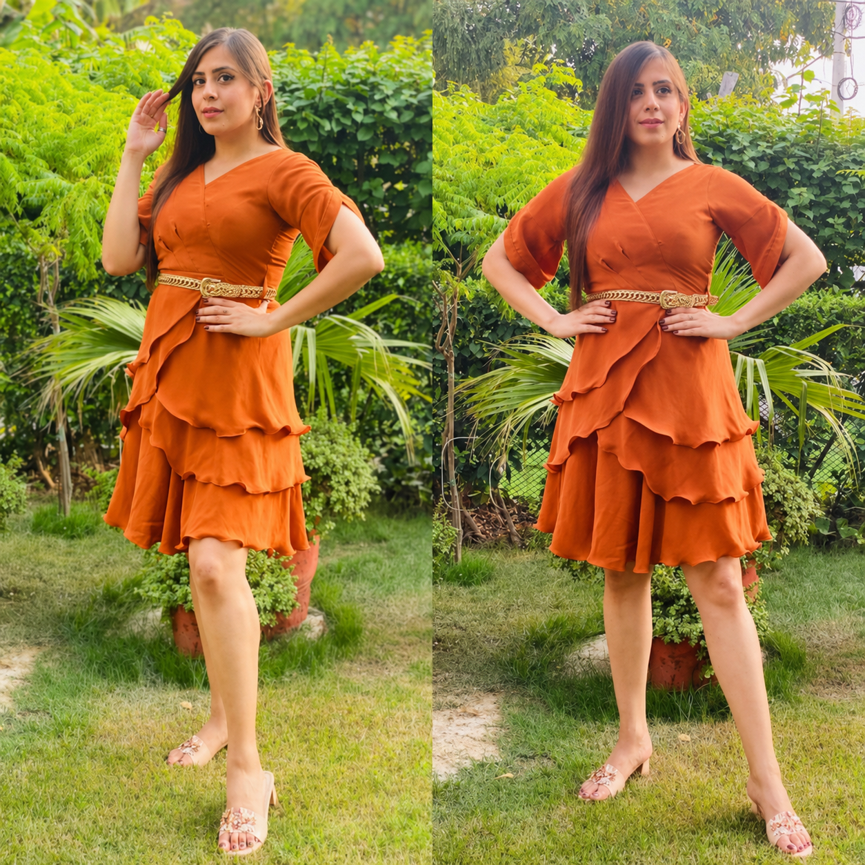 Rust V-Neck Ruffle Dress