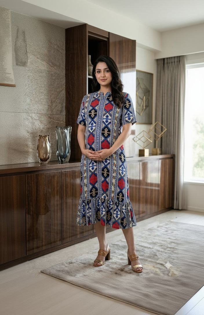 Blue Aztec Geometric Print Feeding Midi | Designer Midi Dress