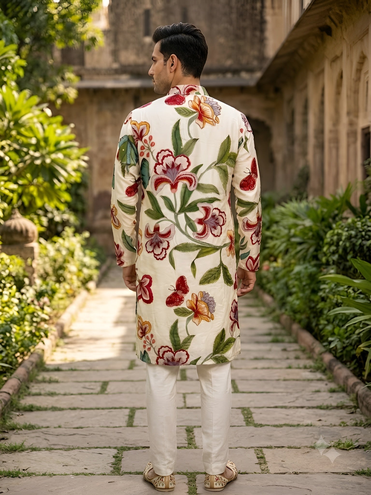 Cream Organza Floral Rakhi Kurta Set