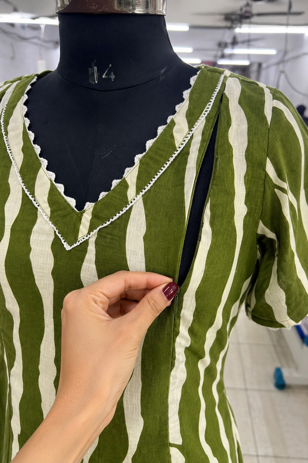 Olive Wave Print Feeding Midi Dress
