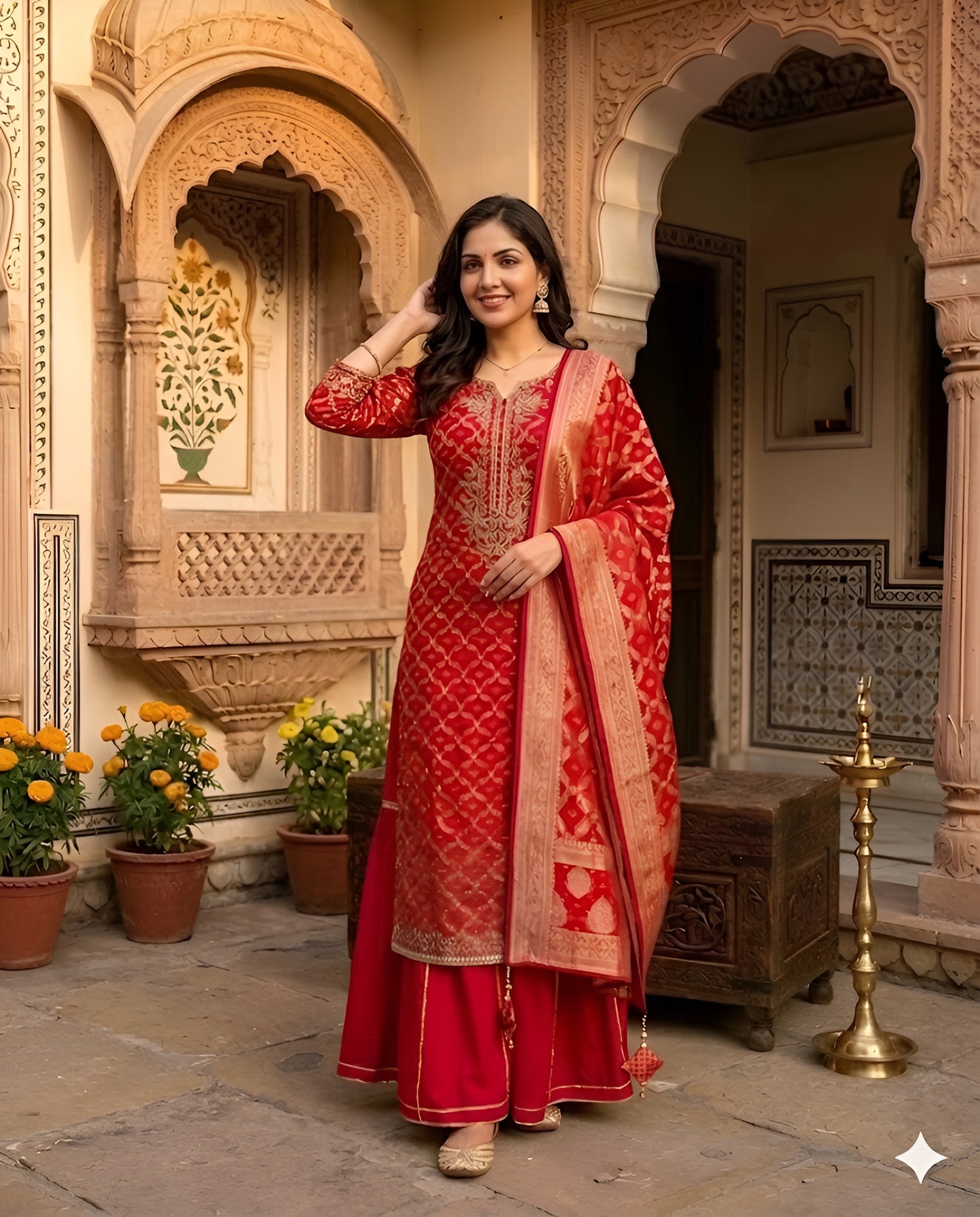 Red Embroidered Silk Suit