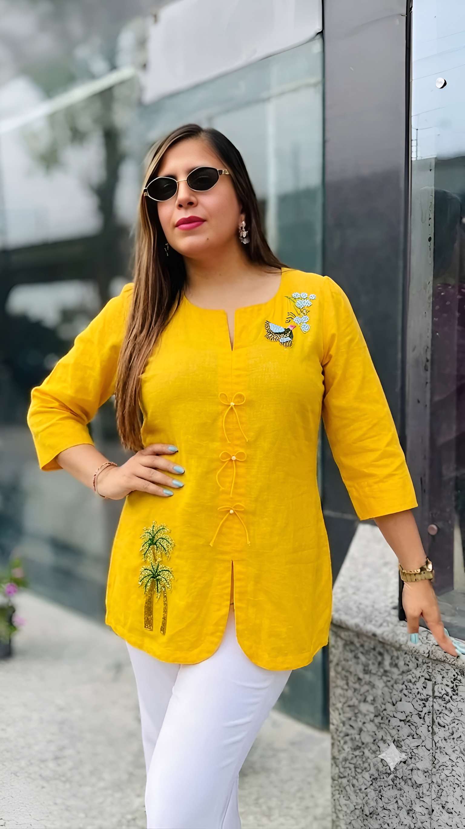 Customised Mustard Emb Lilen Top