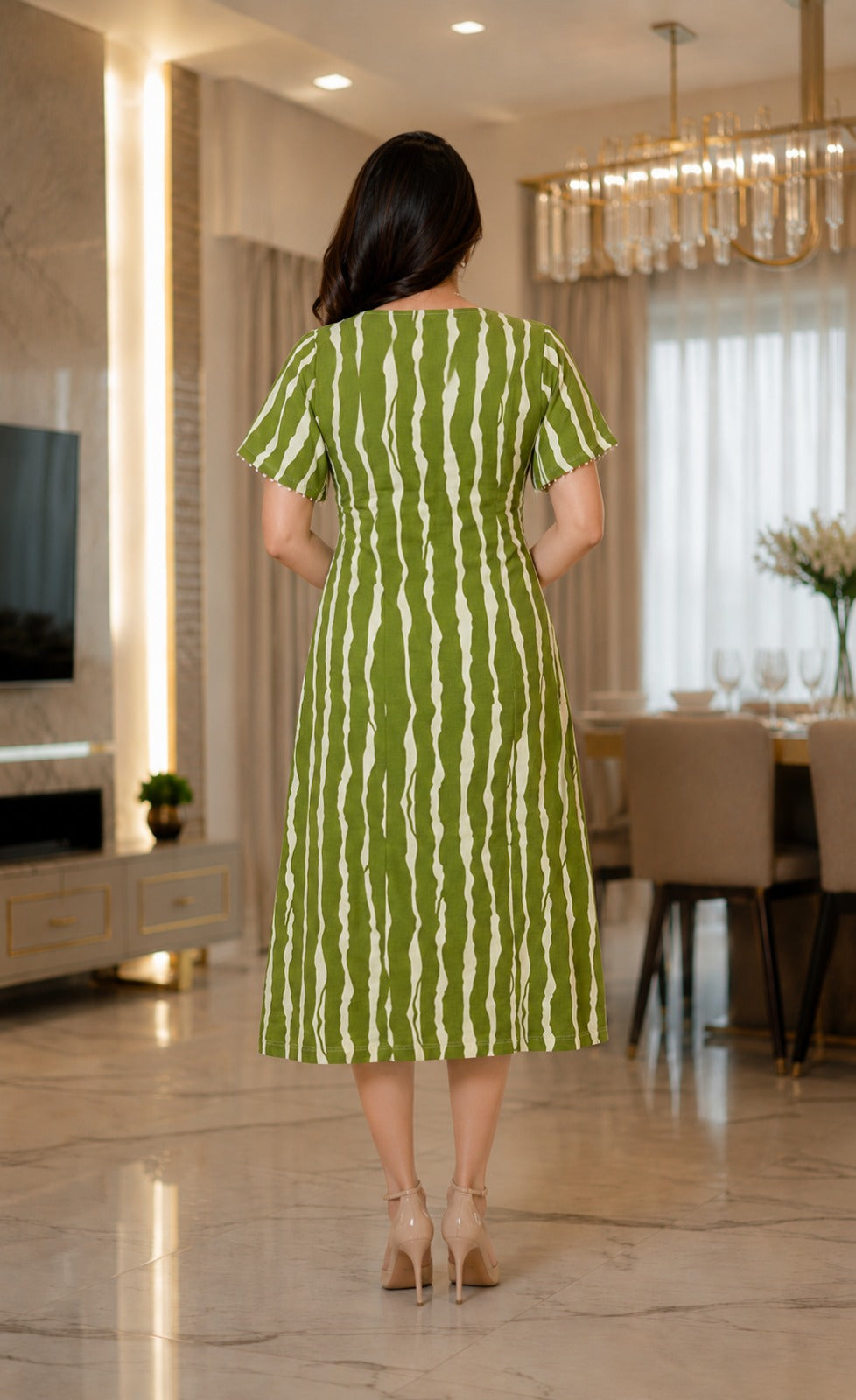 Olive Wave Print Feeding Midi Dress