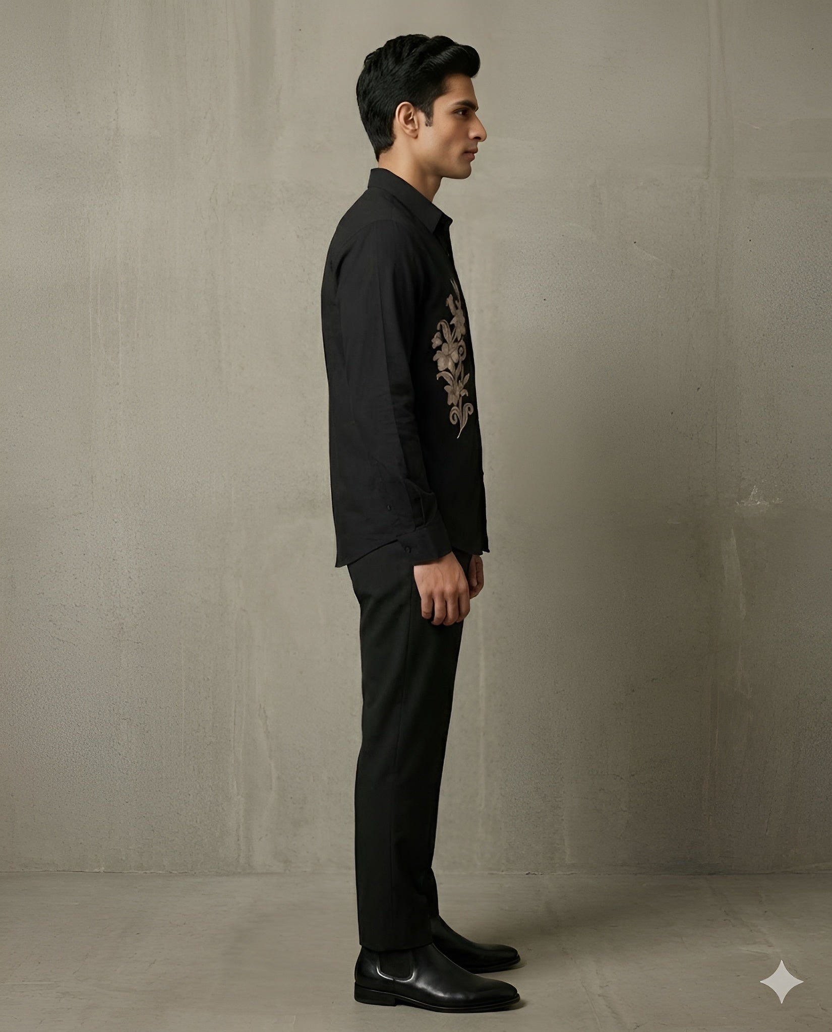 Black Floral Emb Cotton Shirt