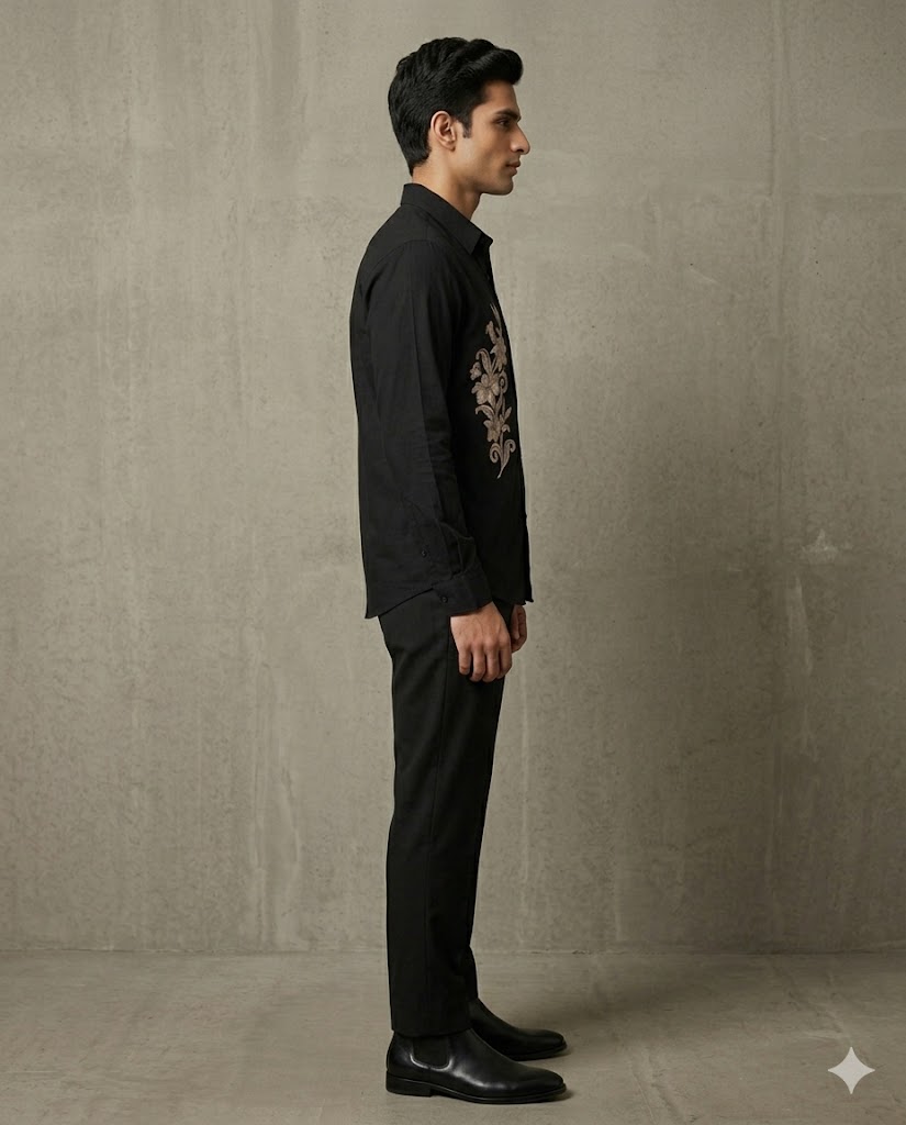 Black Floral Emb Cotton Shirt
