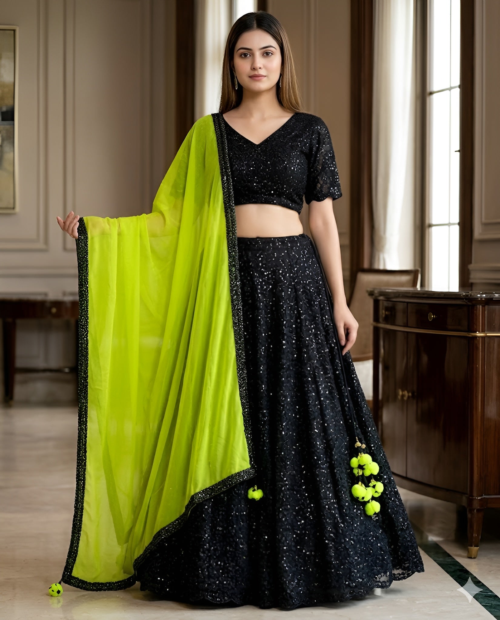 Black Phulkari Lehanga