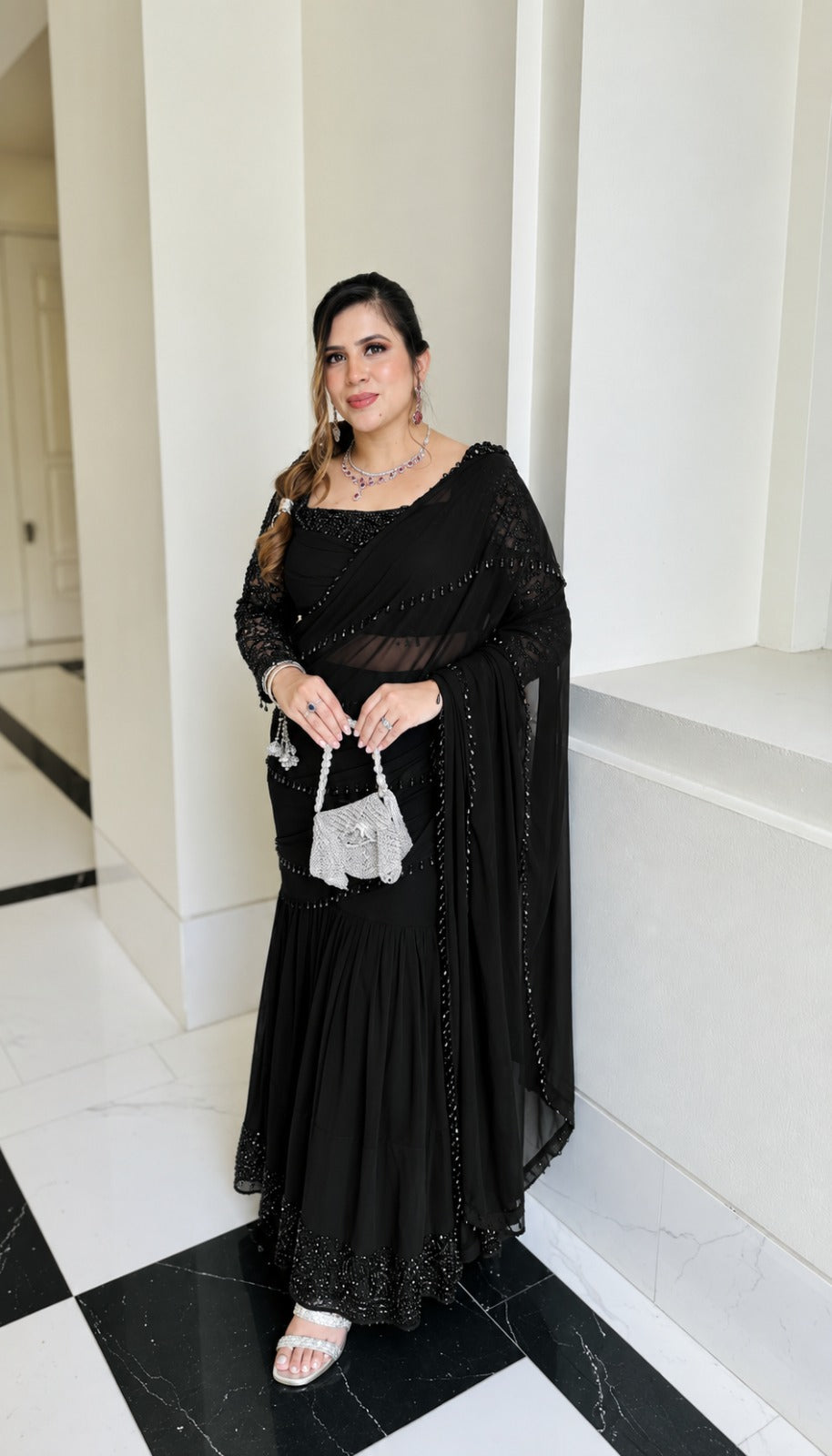 Midnight Cascade Black Saree