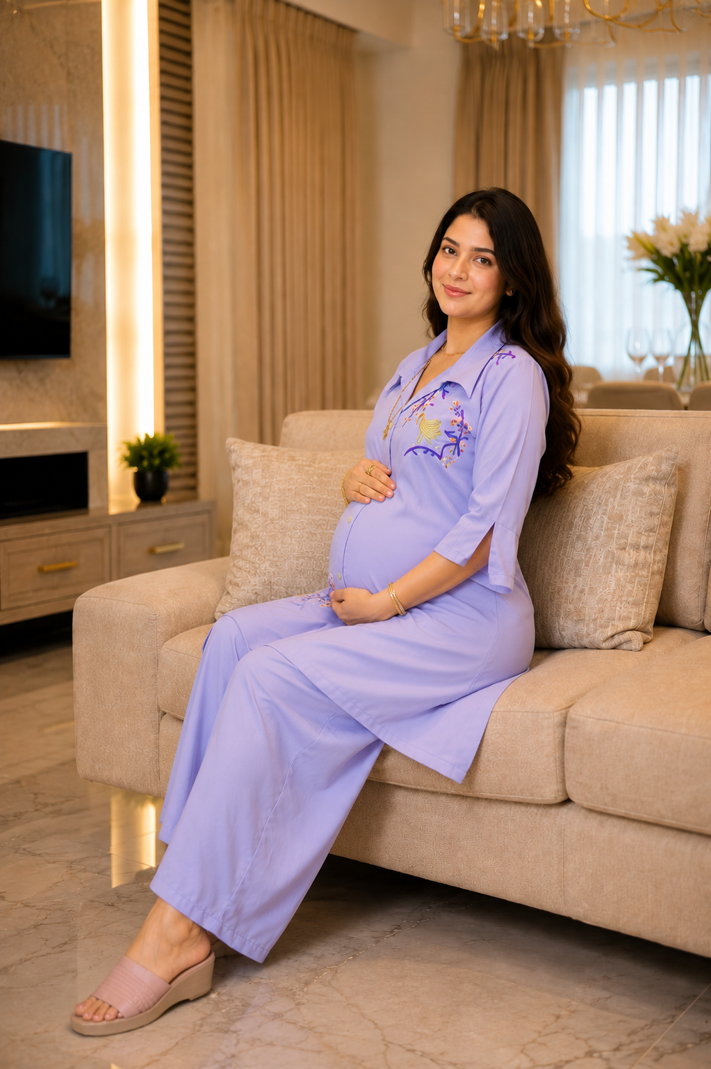 Woman wearing a light blue pajama set with floral embroidery in a room.