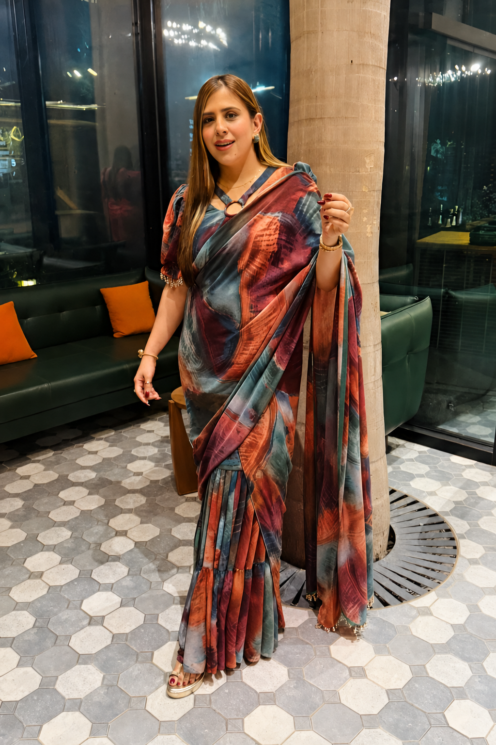 Multicolor Abstract Pre-Draped Frill Saree