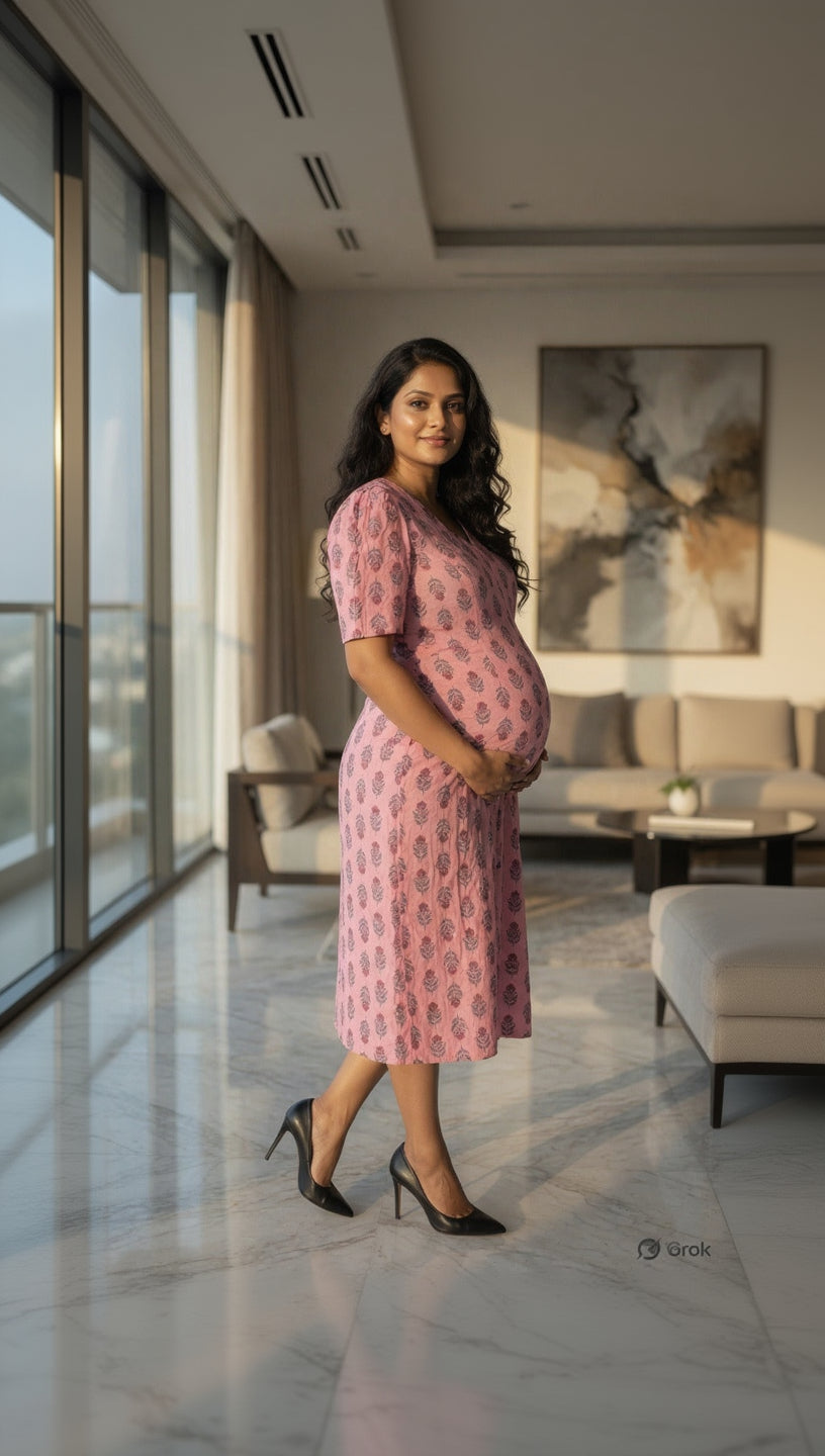 Woman in a pink dress standing in a modern living room.