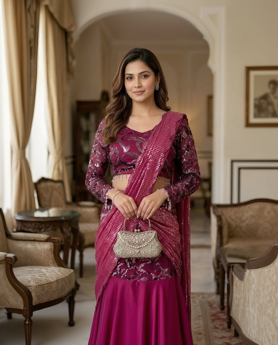 A woman modeling a traditional Indian outfit consisting of a magenta pink flared skirt (lehenga), a matching embroidered top, and a draped dupatta with silver mirror work, set against an elegant indoor background with classical architecture.