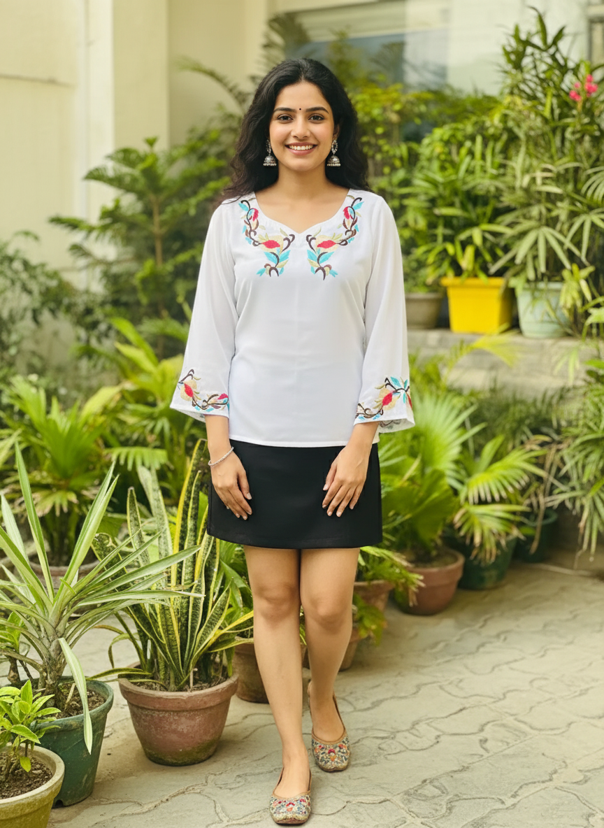 White Colorful embroidered Top