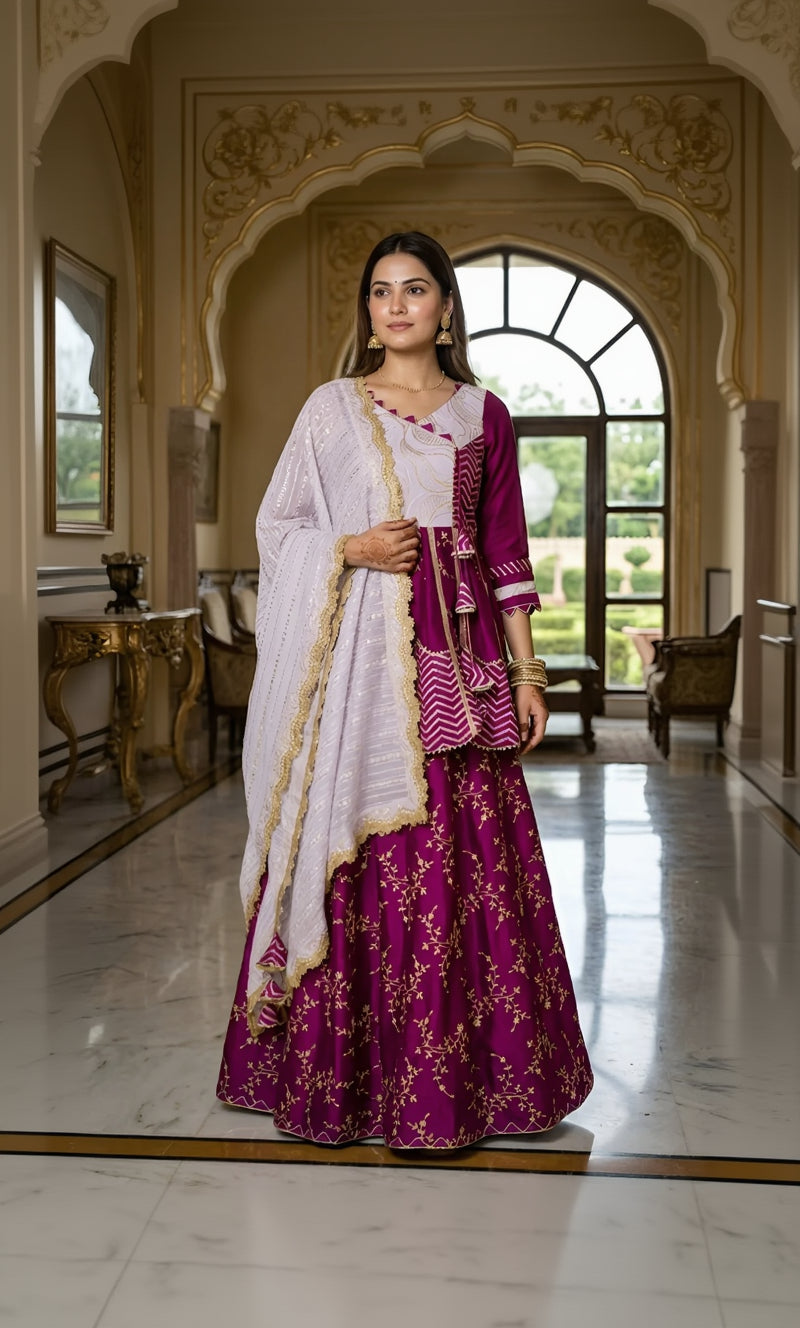 Woman in a traditional outfit with a white and purple dress in an elegant interior setting.
