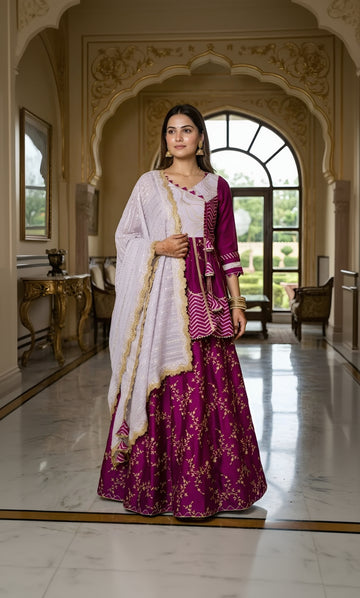 Woman in a traditional outfit with a white and purple dress in an elegant interior setting.