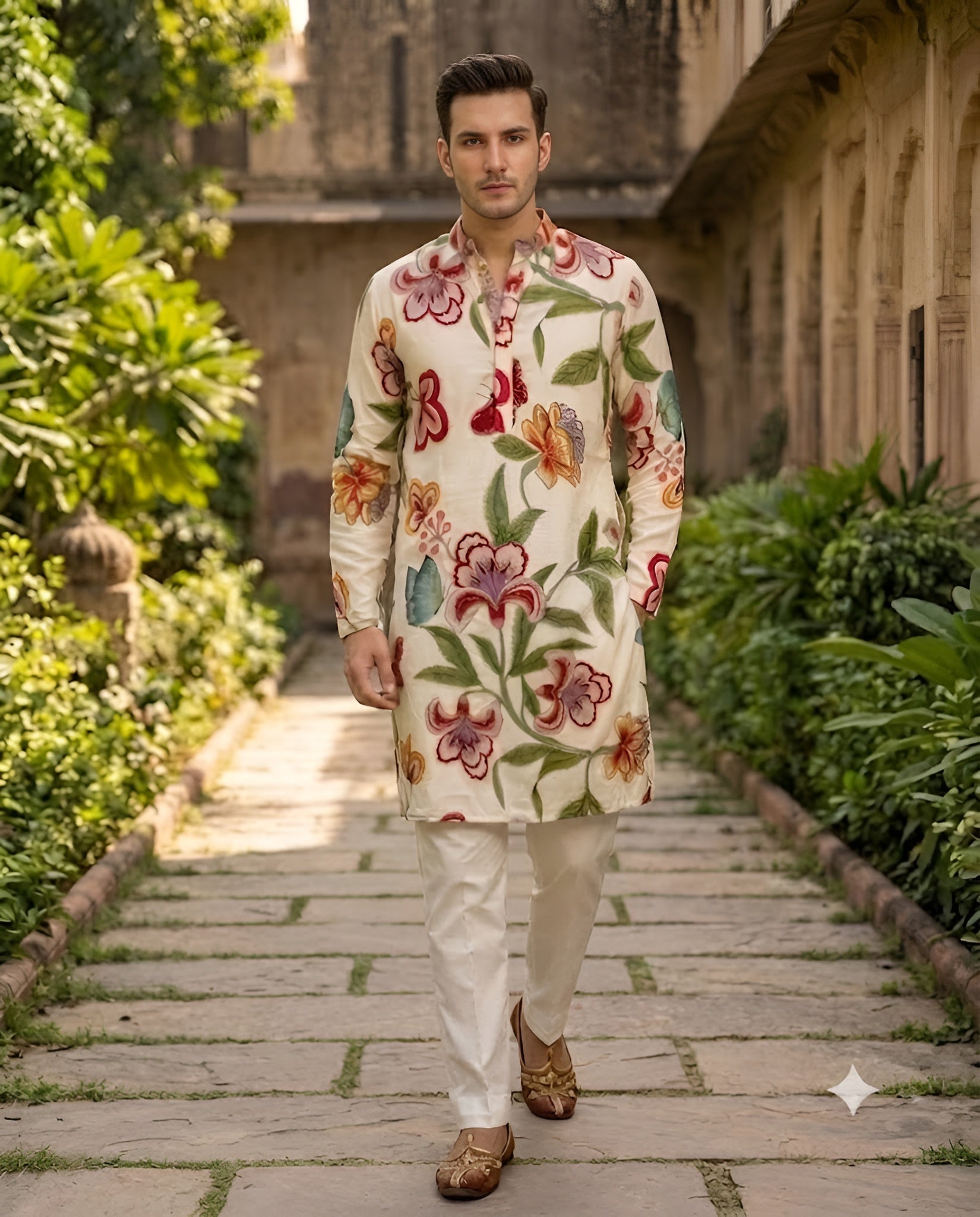 Cream Organza Floral Rakhi Kurta Set