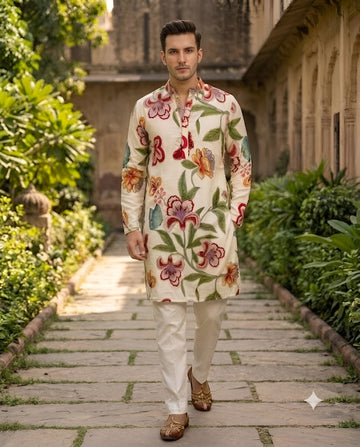 Cream Organza Floral Rakhi Kurta Set