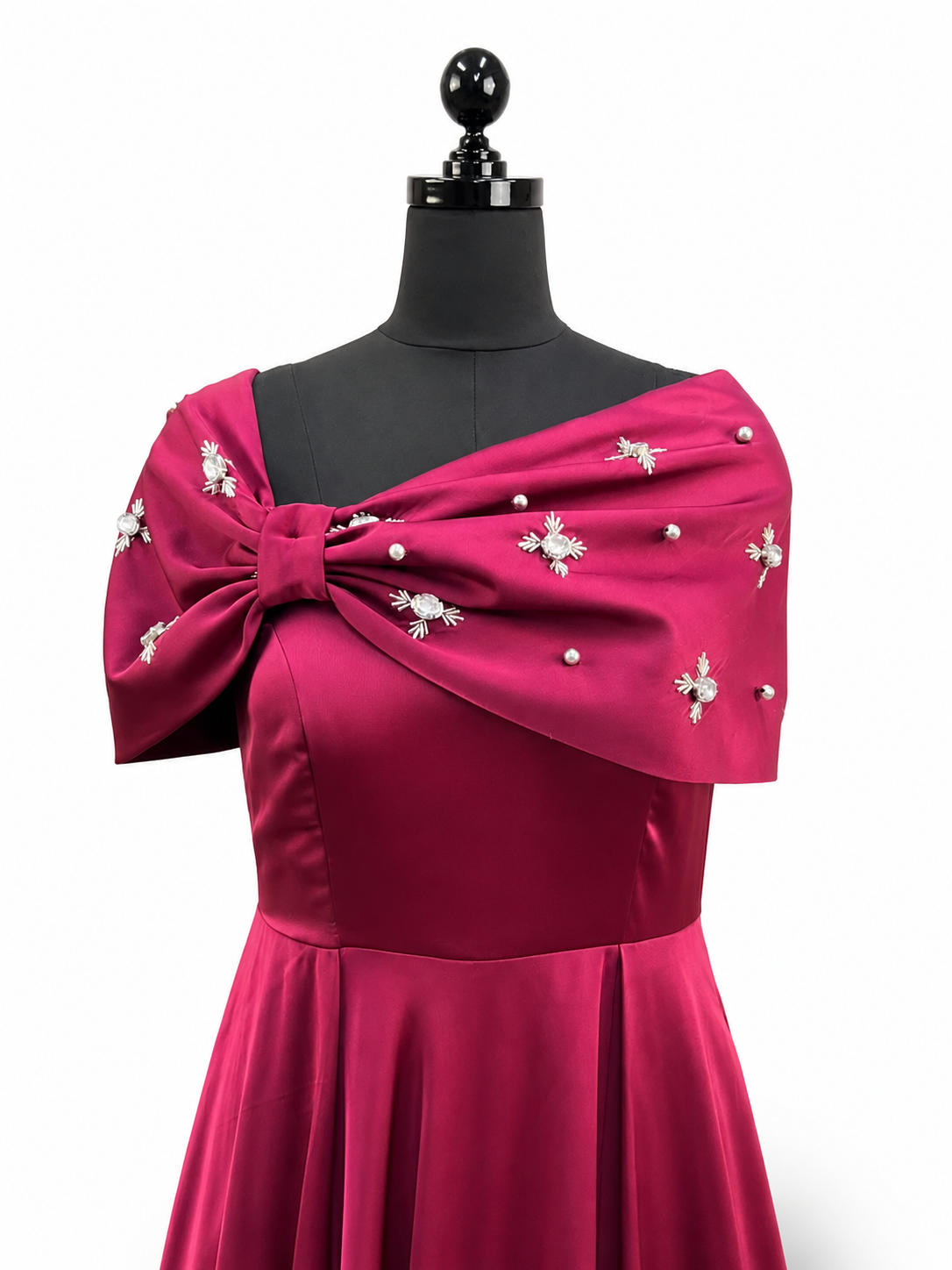 Pearl-Embellished Bow Satin Gown