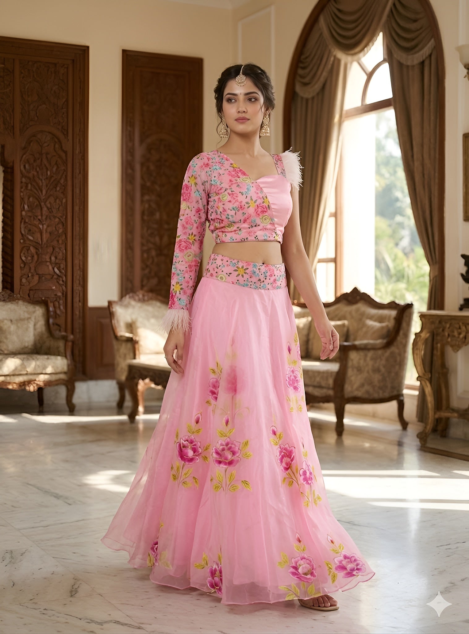 Baby Pink Hand Painted Organza Lehenga | Party Wear | Lakhina Couture - Look 7