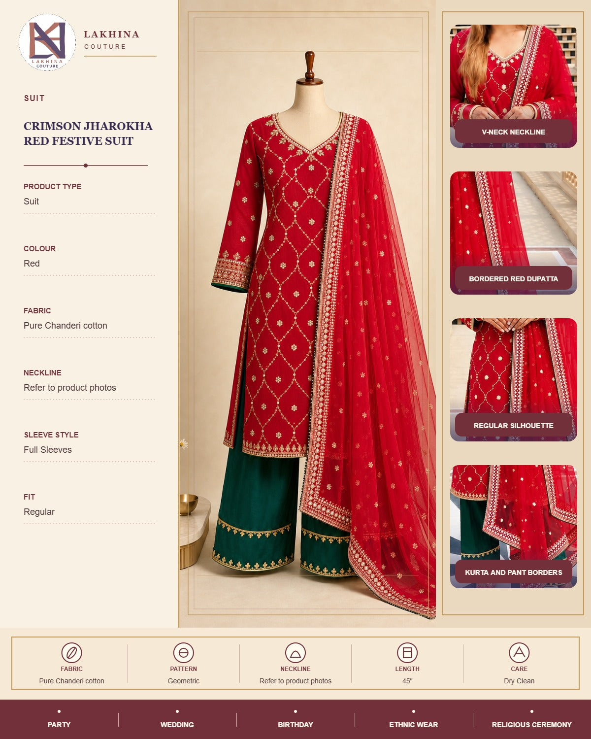 Crimson Jharokha Red Festive Suit