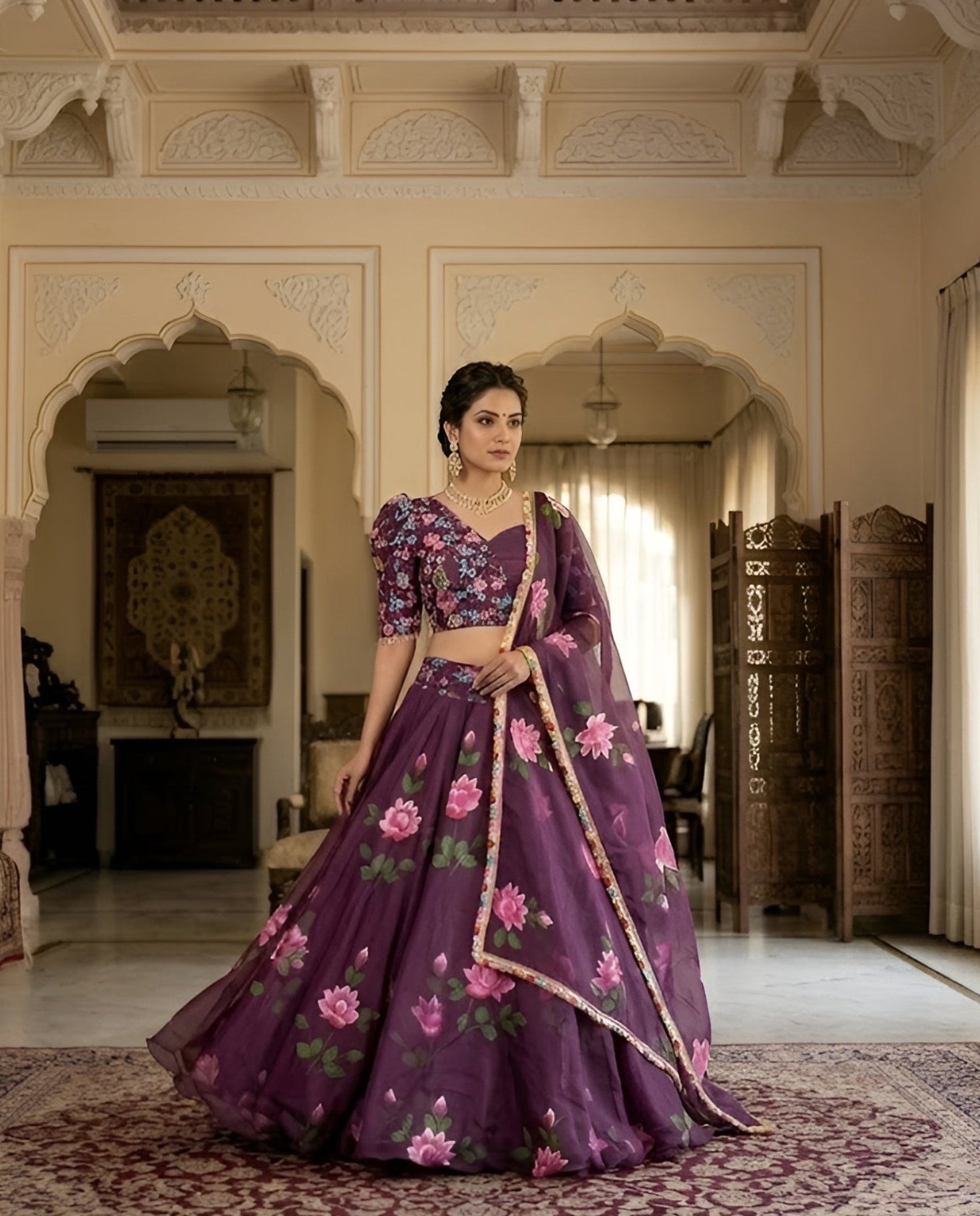 Woman in a purple embroidered traditional outfit standing in an ornate room with chandelier.