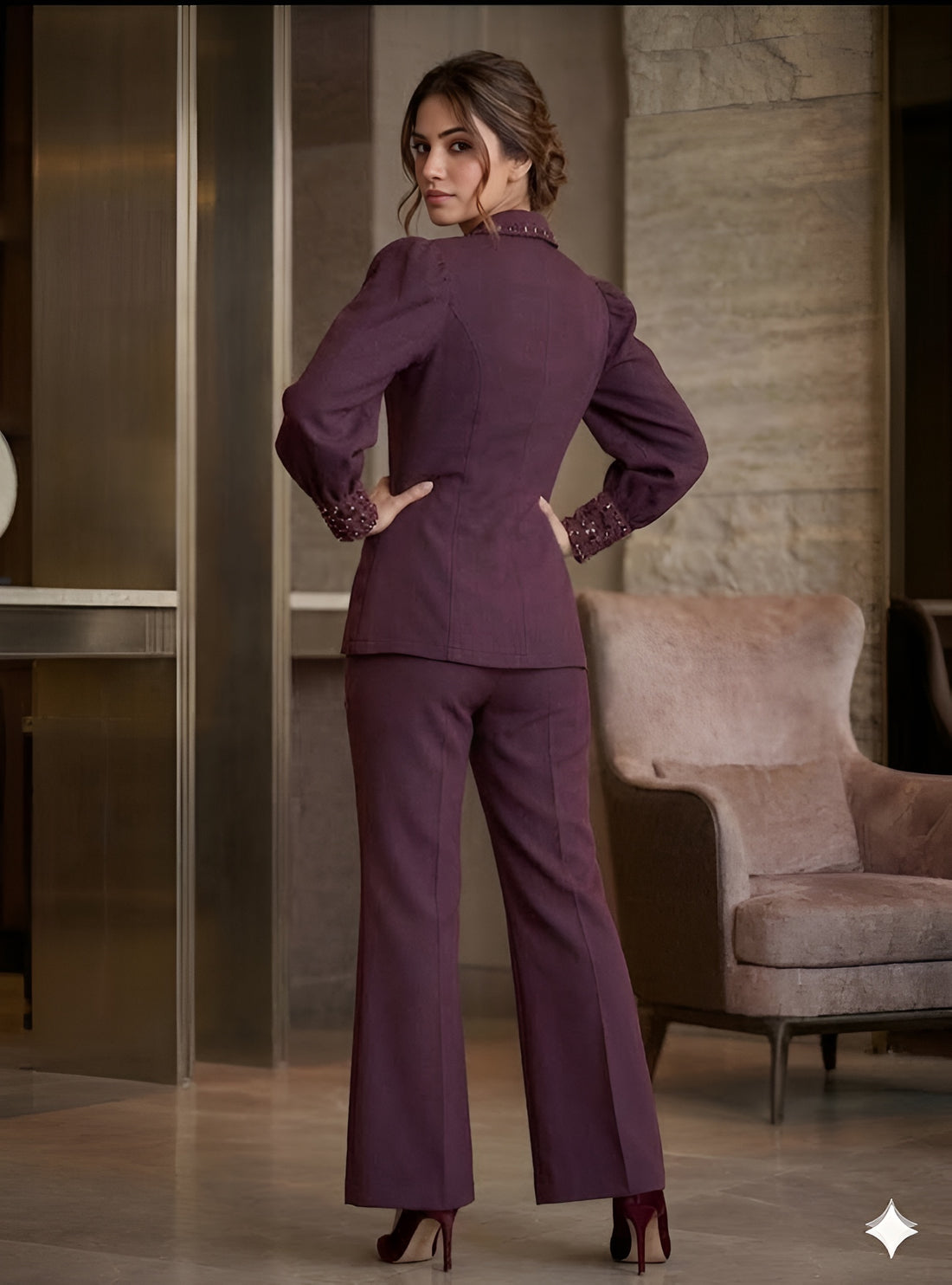 Wine Embroidered Formal Co-Ord