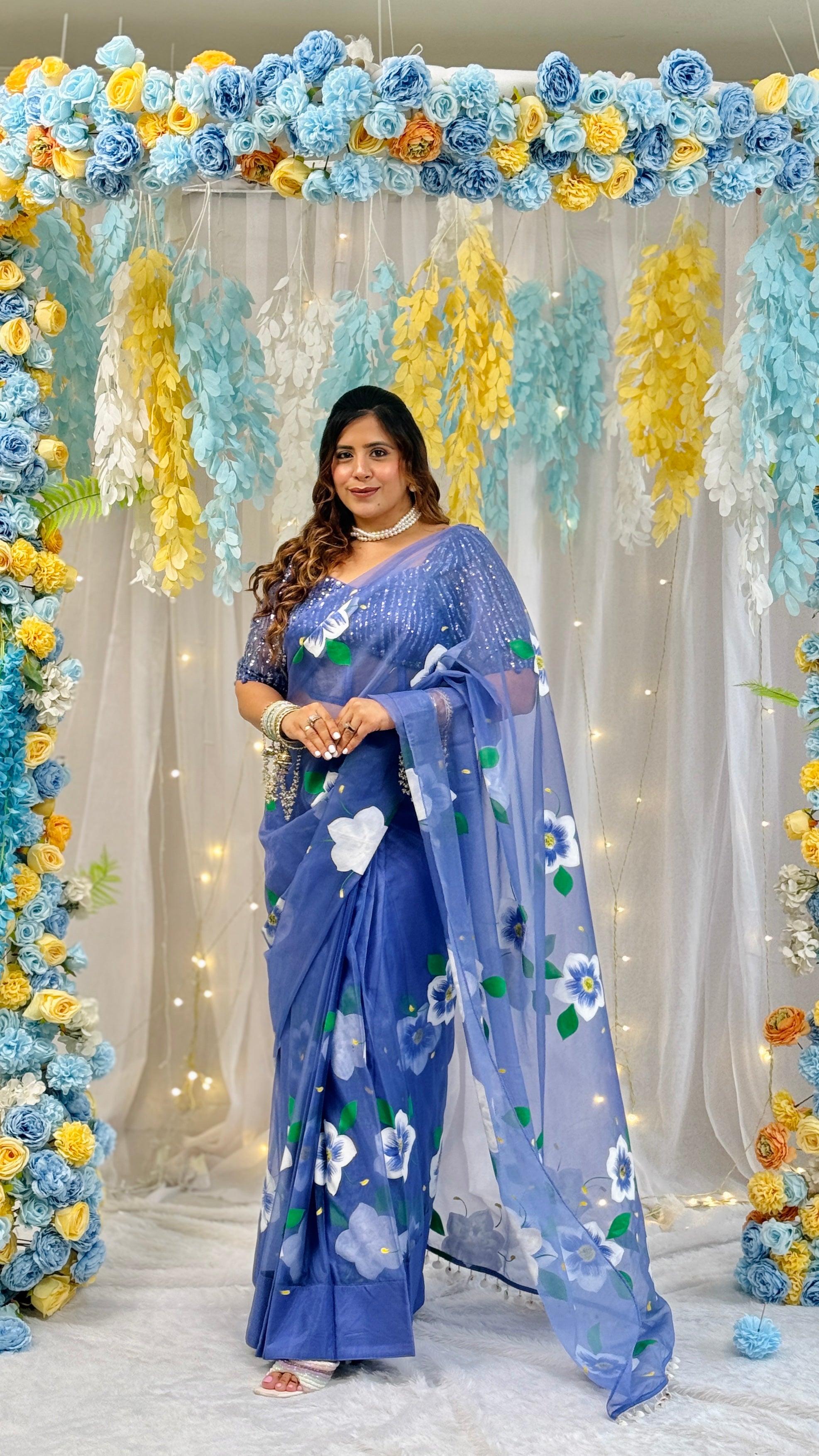 Blue Pea Handpainted Saree with Sequins Blouse