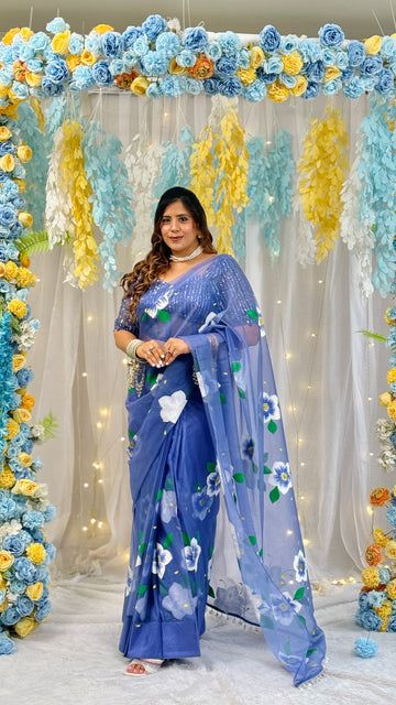 Blue Pea Handpainted Saree with Sequins Blouse