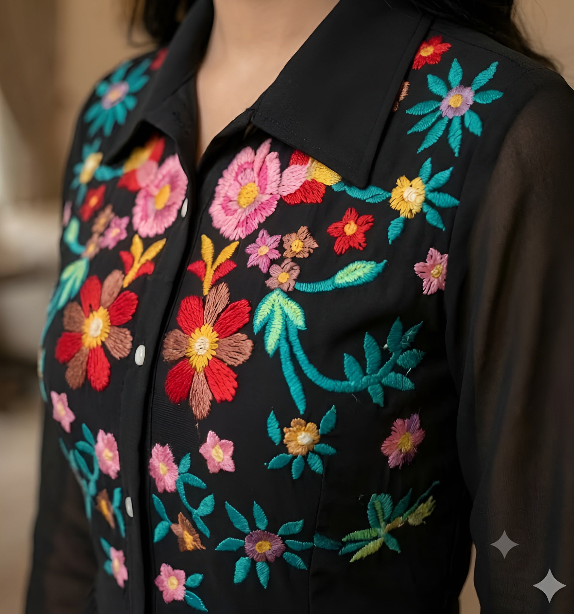 Black Floral Embroidered Shirt