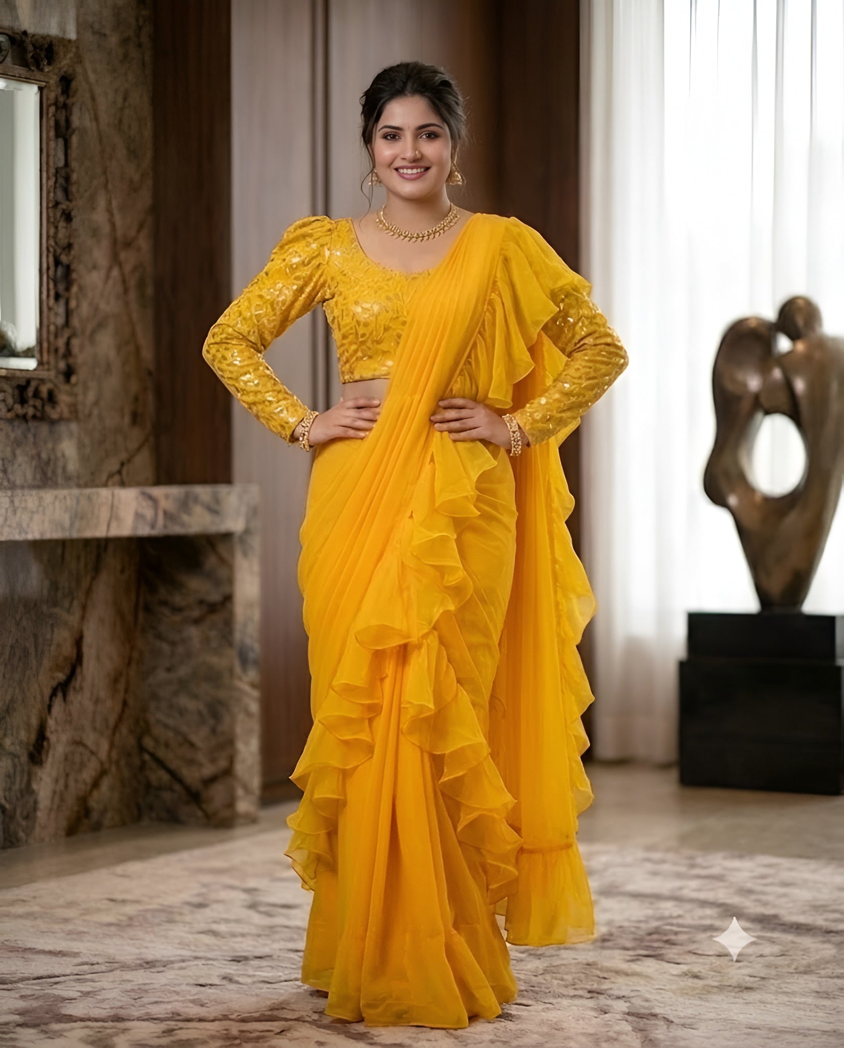 Yellow Ruffled Drape Saree