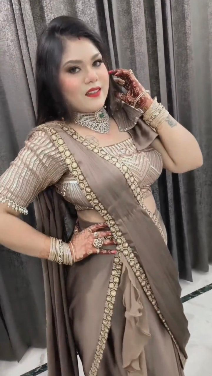 Brown Slit Drape Saree