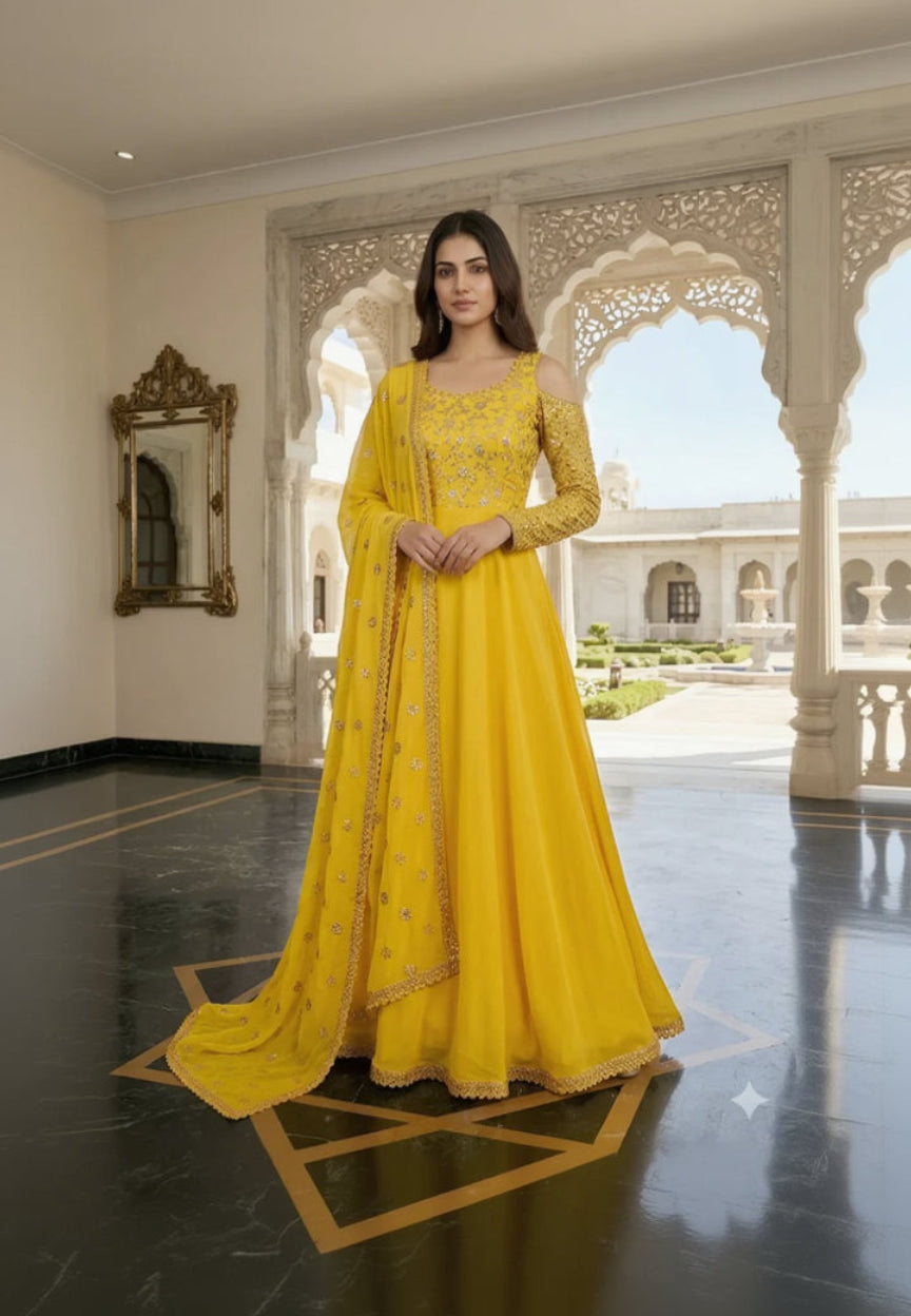 Woman in a yellow embroidered dress standing in an ornate indoor setting with a garden view.