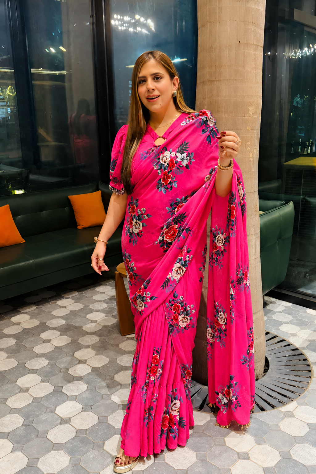 Green Floral Pre-Draped Frill Saree