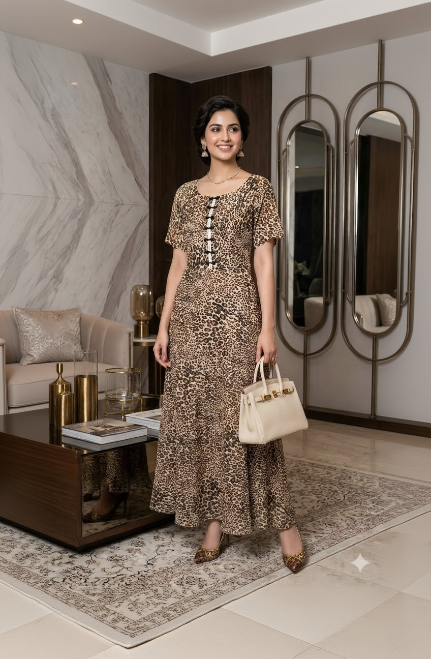 Woman in a patterned dress holding a handbag in an elegant room.