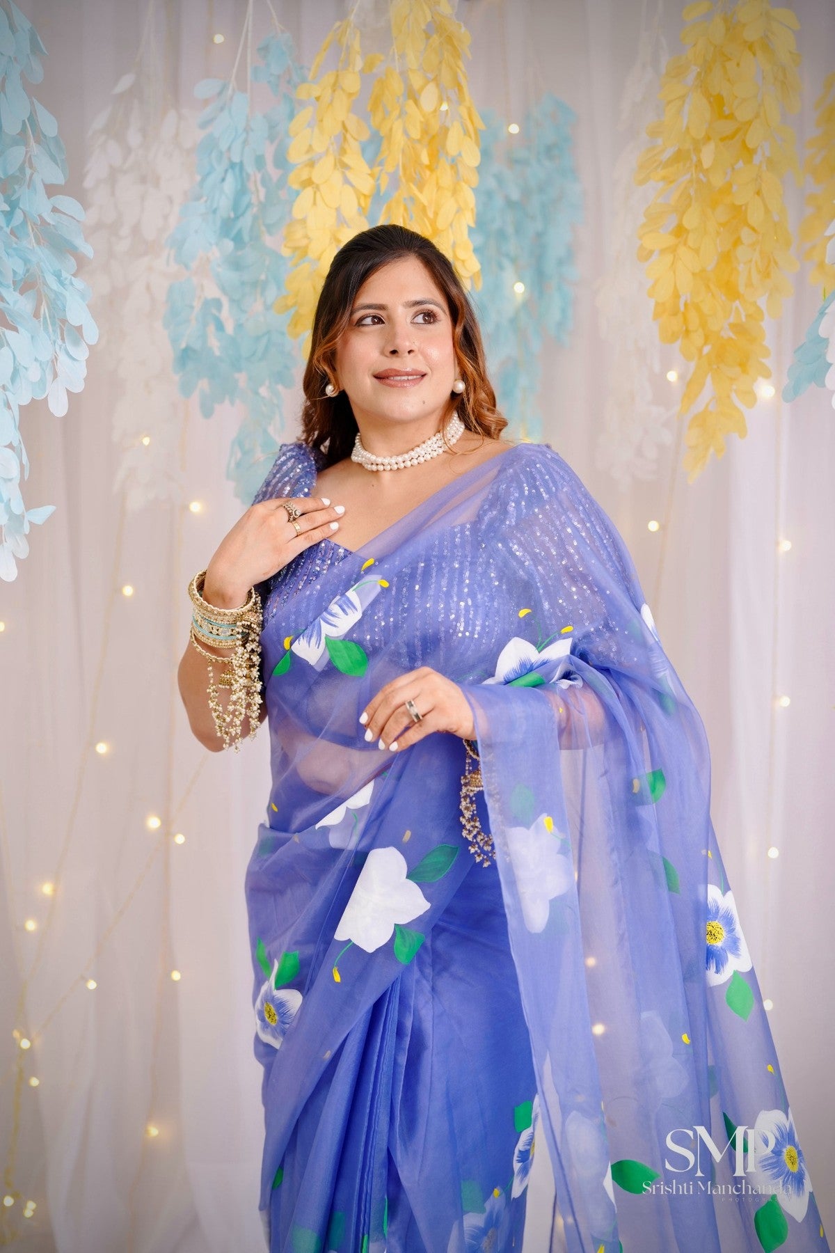 Blue Pea Handpainted Saree