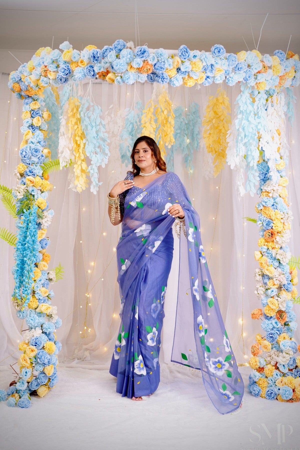Blue Pea Handpainted Saree
